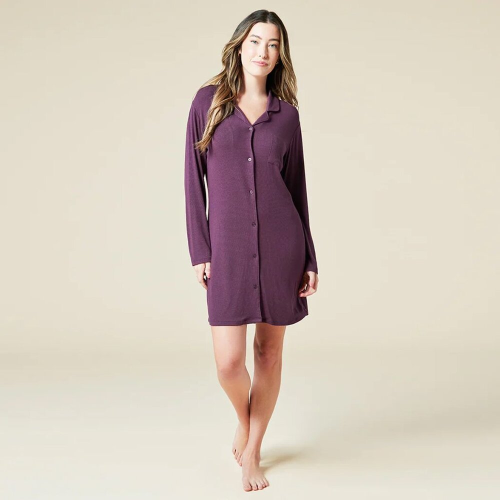 Softies Aria Purple Long Sleeve Button Front Slim Notch Collar Nightgown large